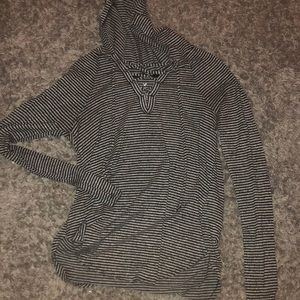 black and gray striped sweater with tie and hood